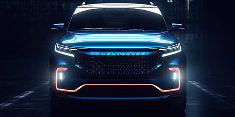 A mid sized blue tone electric city SUV that has red led running through the center line - obrazy, fototapety, plakaty