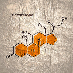 Structural chemical formula of aldosterone. Aldosterone mineralocorticoid hormone, produced by the adrenal gland.