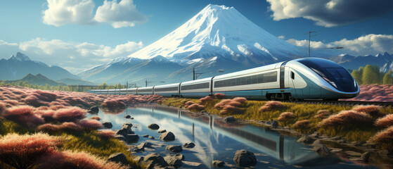 Future Shinkansen with Fuji backround - obrazy, fototapety, plakaty