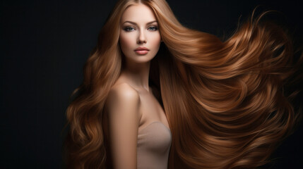 Obraz premium Beauty redhead girl with long and shiny wavy red hair . Beautiful woman model with curly hairstyle .