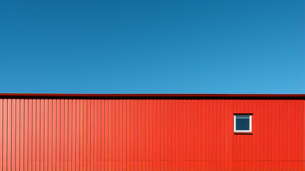 a red building with a window and a sky background