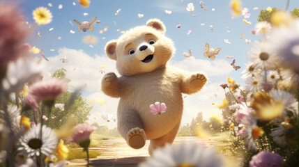 Cute lifelike gracefully jumping baby bear with flowers sweet,generate ai