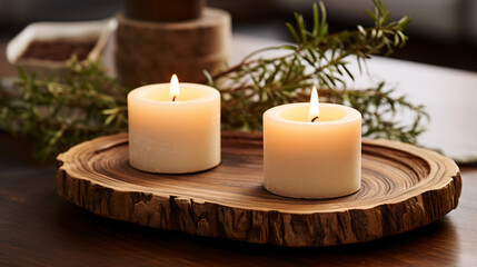 two candles are sitting on a wooden tray
