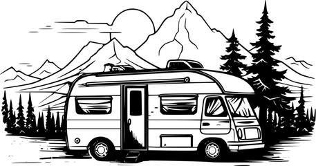 Hand-drawn Camping Truck Camper Vintage Outline Icon