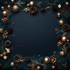christmas background with balls and branches and christmas elements dark background