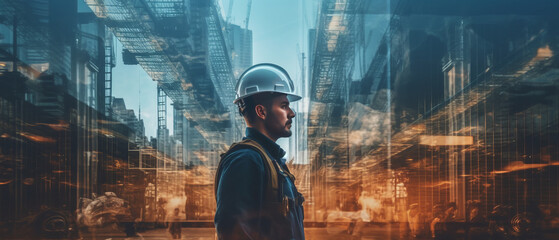 Double exposure: Engineer in uniform with cityscape - obrazy, fototapety, plakaty