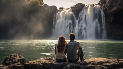 Obraz premium couple in the waterfall generated by AI