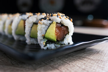 Close up of Uramaki with salmon and avocado