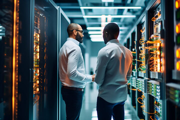 Two IT Engineers Standing in Working Data Center