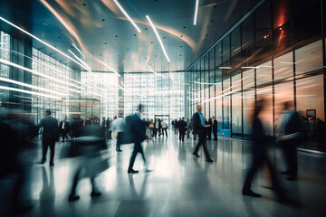 Long exposure shot of crowd of business people walking in office