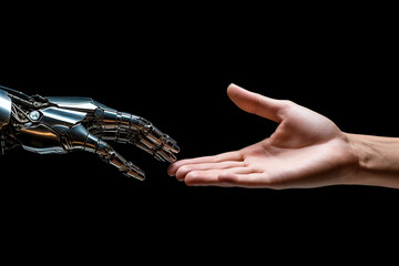 Human hand delicately touches the hand of a robot's metallic