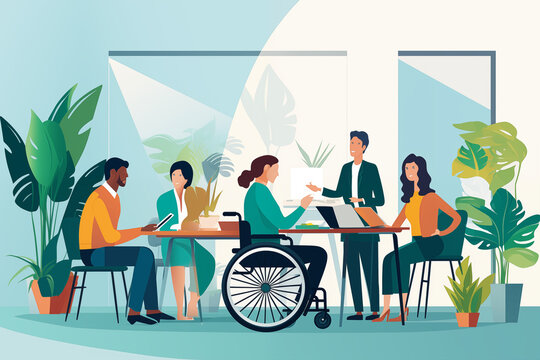 Inclusive office scene with diverse people, including wheelchair user, working together harmoniously.