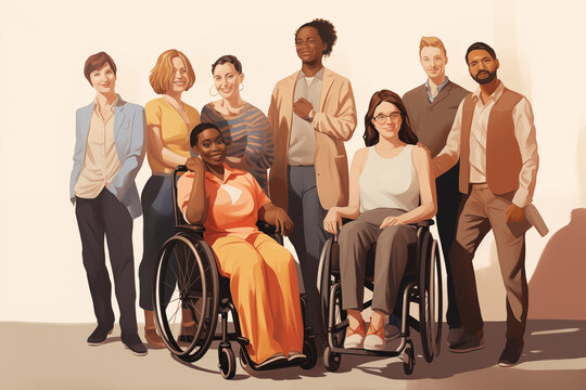 Diverse illustration with a group of people, including two in wheelchairs, showcasing ethnic and gender diversity.