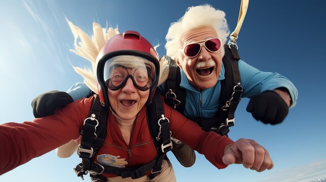 A senior or elderly couple tandem skydiving