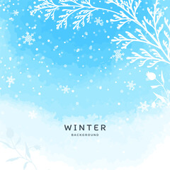 Fototapeta na wymiar Winter blue vector background with watercolor snow texture and floral elements. Hand drawn Christmas tree branches, berries and snowflakes. Illustration for poster, wallpaper, banner, greeting card