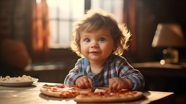 American happy baby toddler sitting at table with tasty crunchy fresh pizza.