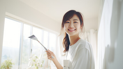 Young asian happy woman painting interior wall with paint roller in new house.