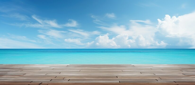 Metaphorically representing travel and a tropical lifestyle imagine an old wooden deck pier situated on the coast of a breathtakingly clear blue sea with ocean waves crashing against it This