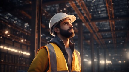 Portrait Engineer Man Wear Hard Helmet at Construction Site.