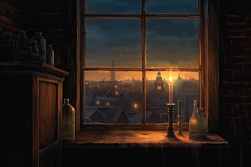 View out of an old wooden window in a Victorian room with a lit candle toward the lights of a city at night AI generated image in a high detail watercolour style
