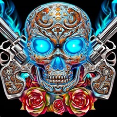 AI generated illustration of a skull with two guns and roses against a black background - obrazy, fototapety, plakaty