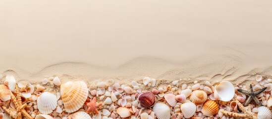 Sandy surface adorned with petite shells in the backdrop