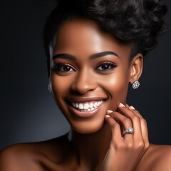 Photography of  black european model showing off a diamond ring, earrings or necklace. You can use it in your advertising or other high quality prints. - obrazy, fototapety, plakaty
