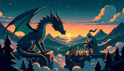 Animated art of a knight and a dragon, not in battle, but engaged in a friendly game of chess on a mountaintop.  - obrazy, fototapety, plakaty