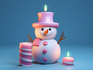 Snowman Keeping Warm by Candle Flame in Winter Attire – Charming Seasonal Decor and Cozy Holiday Atmosphere