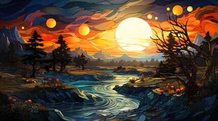 A Stained Glass Evening Sun Landscape , Background Image, Hd