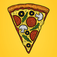 Cartoon pizza illustration square yellow background. Hand draw black border line art graphic italian pizza slice clip art element.