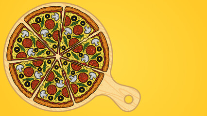 sliced cartoon pizza illustration isolated on yellow gradient background horizontal banner design template with text area copy space and place for text