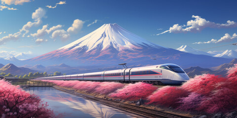 Future Shinkansen with Fuji backround generative ai - obrazy, fototapety, plakaty