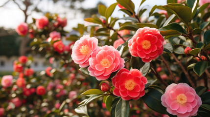 Blooming Spring Camellia Bushes In A City , Background Image, Hd