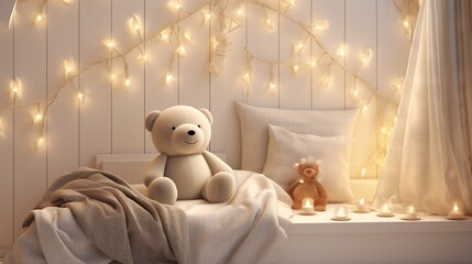 Cozy Bedroom Decorated with Illuminated Stuffed Toy teddy bear generated by AI tool