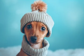 Fotobehang Cute little puppy in a knitted hat © tashechka