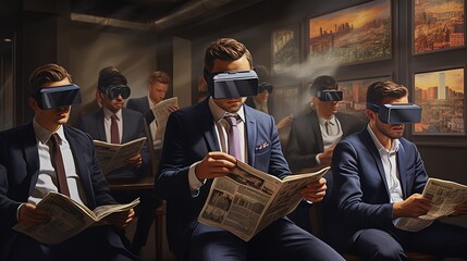  illustration in cartoon style people in vr glasses working reading news dealing with crypro currency meating with colleagues.illustration - obrazy, fototapety, plakaty