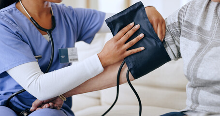 Fototapeta na wymiar Caregiver hands, home and blood pressure test for healthcare service, support and nurse for medical monitor. Doctor with patient arm and helping with diabetes or hypertension exam on sofa and machine