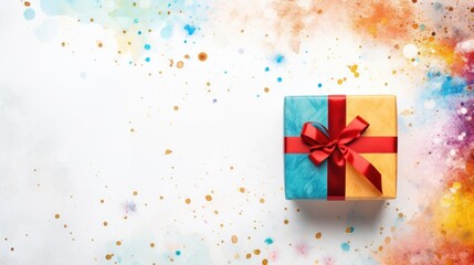 Fototapeta na wymiar Top view of Happy New Year gift box on colorful watercolor background