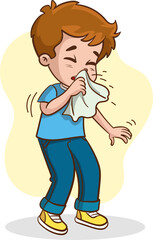 Illustration of a Little Boy Sneezing in a Tissue