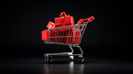 Shopping cart with red gift box on black background. Black Friday concept - Powered by Adobe