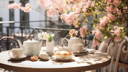 Charming Spring Caf Terrace Adorned With Flowers , Background Image, Hd - obrazy, fototapety, plakaty