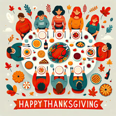 Playful Thanksgiving Family Gathering Illustration with Food & Decor