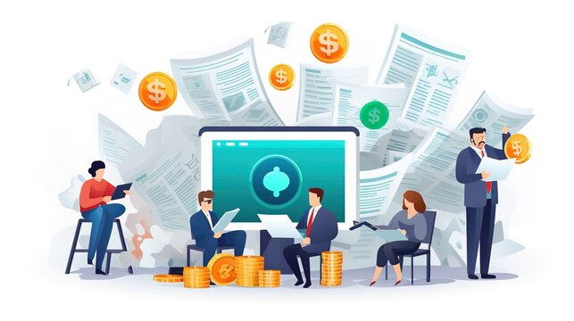  illustration in cartoon style people in vr glasses working reading news dealing with crypro currency meating with colleagues.illustration