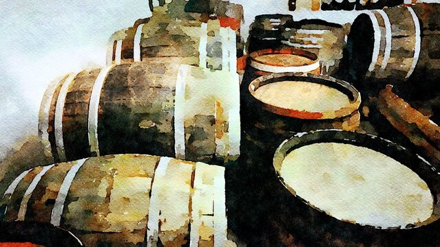 Wooden barrels inside a cellar for aging red wine, after the harvest.