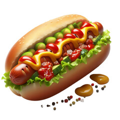 Hot dog with mustard and ketchup isolated on white background. 3d illustration