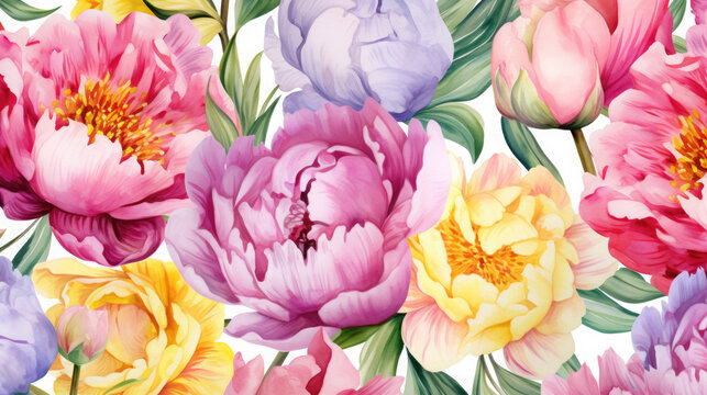 Colorful Peonies Watercolor Seamless Pattern Vibrant, Background Image, Hd
