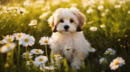 Cute Puppy Sitting Amidst A Field Of Spring Daisies, Background Image, Hd