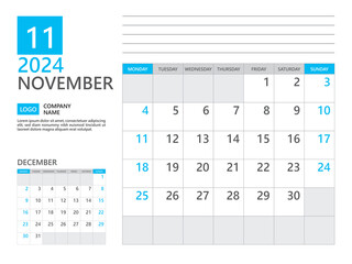 November 2024 template, Calendar planner 2024, week start on Monday, Desk calendar 2024 year, simple planner and clean design, Wall calendar design, Corporate planner template, Business template