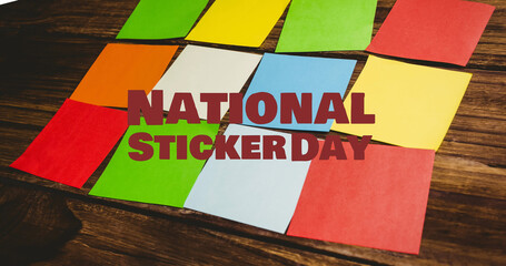 Image of national sticker day in red letters over multi coloured memo notes